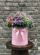Цветочная композиция из Гипсофила и Розы в шляпной коробке в Дарьино
