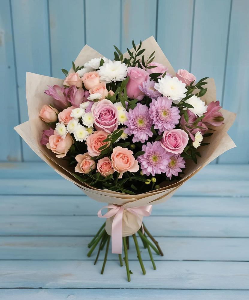 Букет цветов из: Хризантемы, Розы и Альстромерии в Дарьино