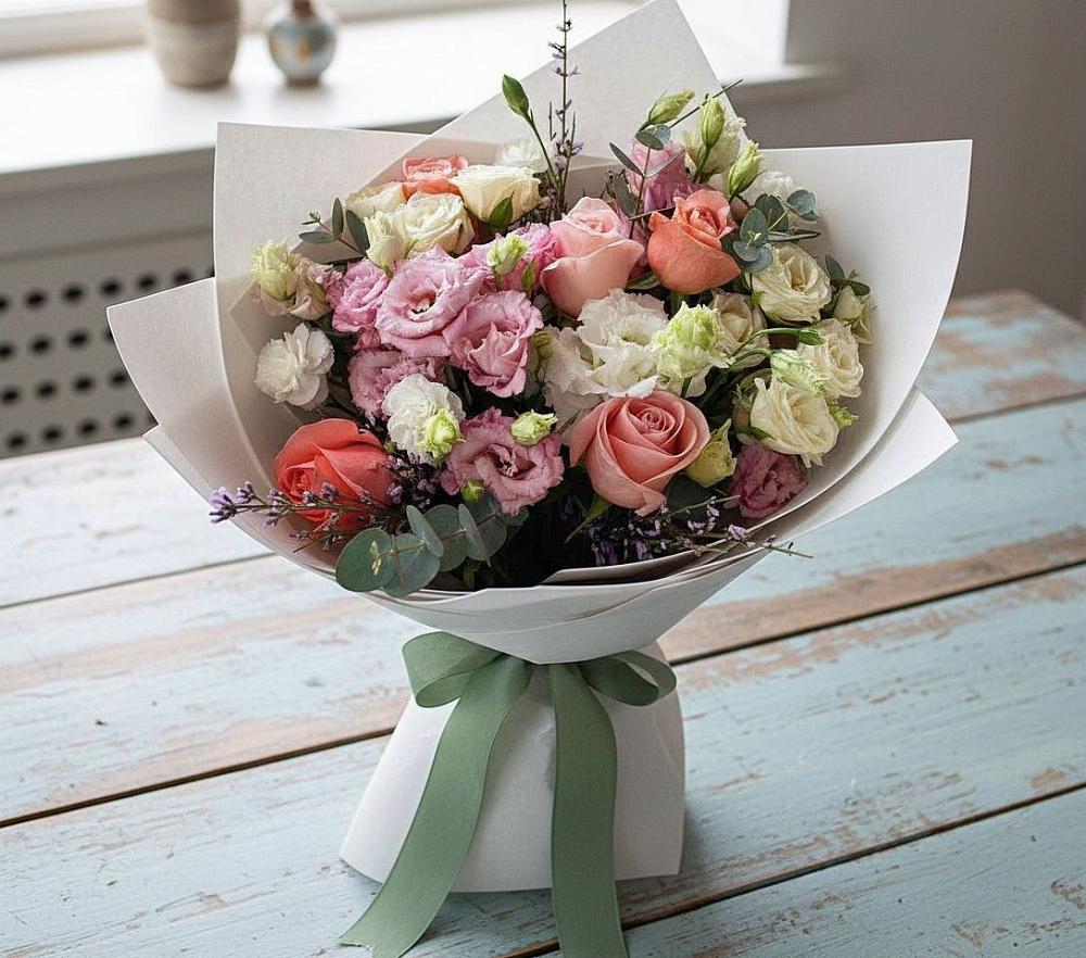 Букет цветов из: Розы, Лизиантусы и Гвоздики в Дарьино