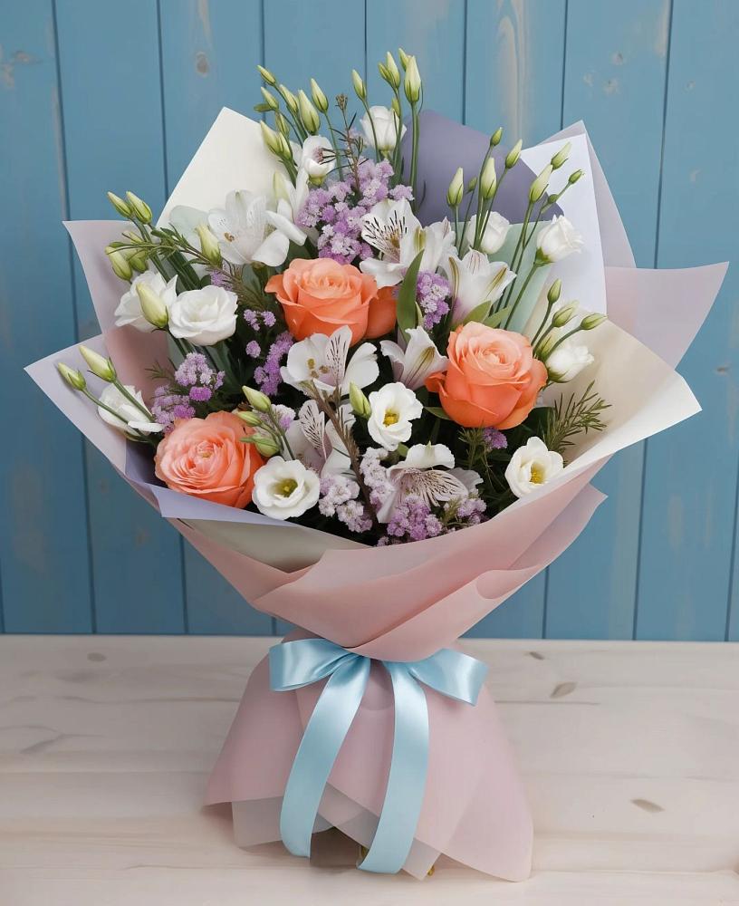 Букет цветов из: Лизиантусы, Розы, Альстромерии и Гипсофила в Дарьино