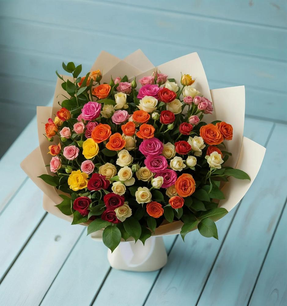 Букет Микс из разноцветных кустовых роз в Дарьино